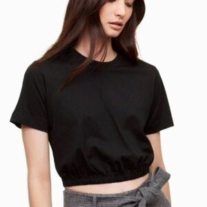 Aritzia Wilfred Piaf Crop T-Shirt Black Elastic Scrunch Hem Crewneck